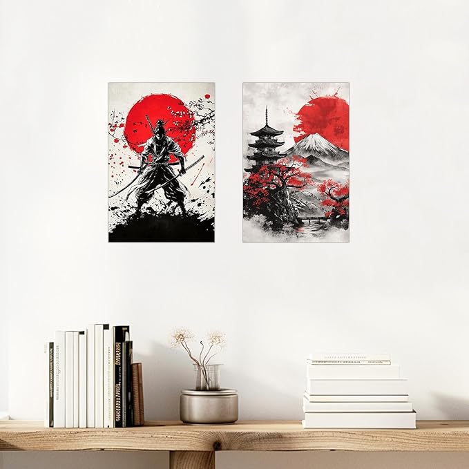 SWQYLB Japanese Wall Art 2 Piece Samurai Art Wall Decor Japanese Landscape Pictures Canvas Prints Asian Oriental Home Decor Framed (Black, (20"x30"x2 Pieces))