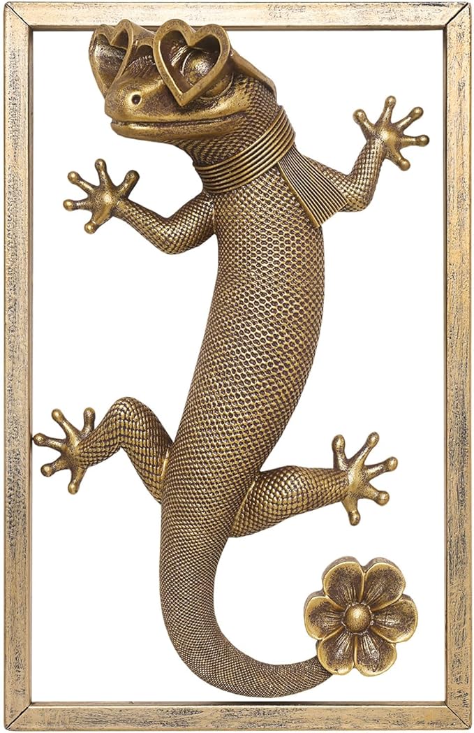 Newinhome Animal Heads Wall Decor (Includes Metal Frame) Resin Animals Sculptures Head Wall Hanging Decoration Gold vintage Wall Sculpture for Living Room Bedroom Office(Lizard)