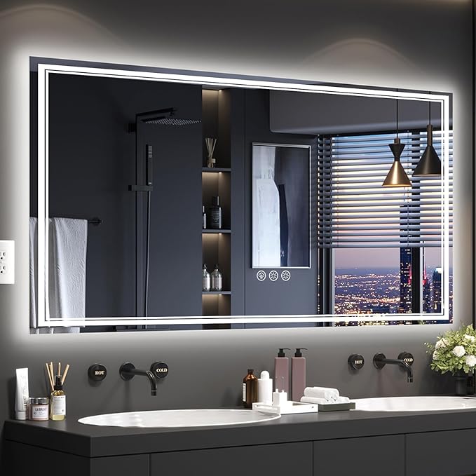 72x36 Inch LED Bathroom Mirror with Frontlit & Backlit（Independent Control）, Lighted Mirror for Bathroom Wall with 3-Color Dimmable & Anti-Fog, Vanity Mirror with Lights