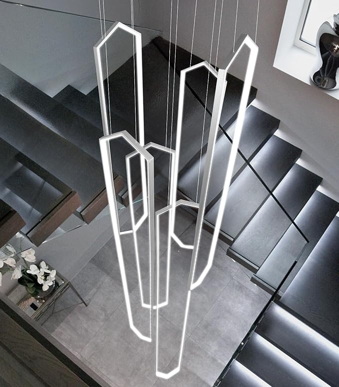6 Rings Large Chandelier for Staircase Modern High Ceiling Chandelier LED Dimmable Chandeliers for Foyer Living Room Villa Silver