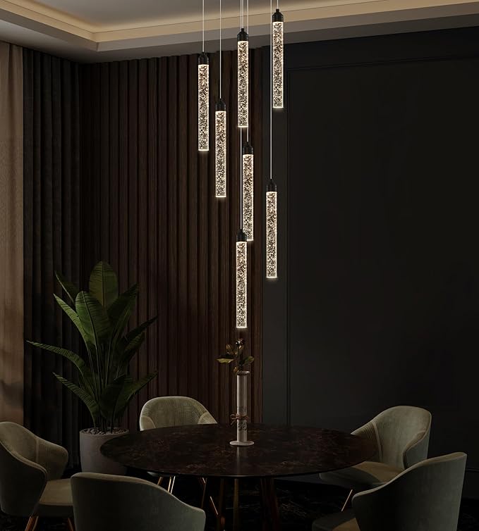 7-Lights High Ceiling Crystal Staircase Chandelier Black Pendant Lights Modern Spiral Raindrop Dimmable LED Bubble Cluster Ceiling Hanging Lighting Fixture for Foyer Living Room Remote Control