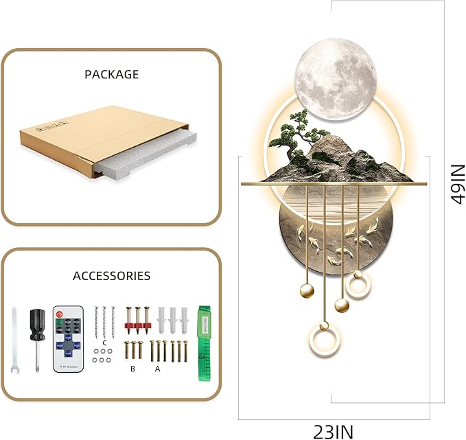 3D Art Wall Decor with Light, Decor Wall Sculptures Large 3D Art, Modern Home Decor Landscape Wall Sculpture, Plug-in Power Supply, Gold B, 23x49IN