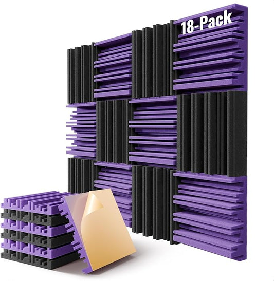 18 Pack Sound Proof Foam Panels for Wall,12" X 12" X 2" Self-Adhesive Acoustic Foam Panels,High Resilience Soundproof Wall Panels,Sound Absorbing Panels for Home Studios, Offices - Black & Purple