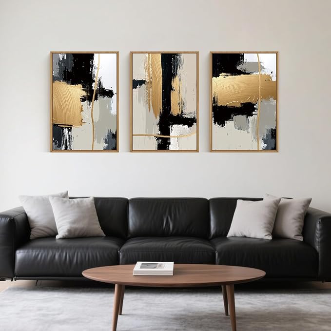 Abstract Black Gold Framed Canvas Wall Art Set,Modern Minimalist Black White Wall Decor,Neutral Color Block Line Art Print for Living Room,Bedroom,Dining Room,Office-24 x36 x3