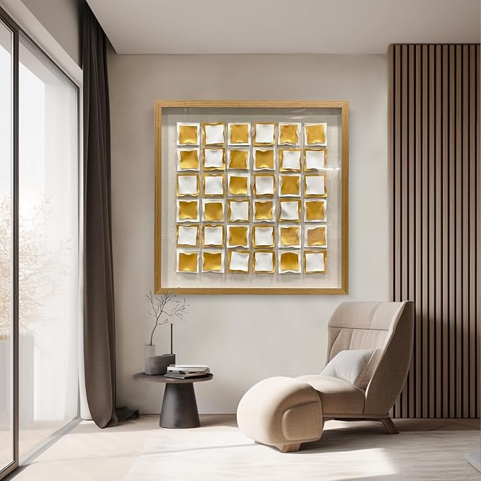 BrightA Gold and White Geometric Wall Sculpture Reflective 3D Textured Panels Brushed Metal Texture with Wave Modern Framed Abstract Art for Bedroom Office Decor 31.5"x31.5"