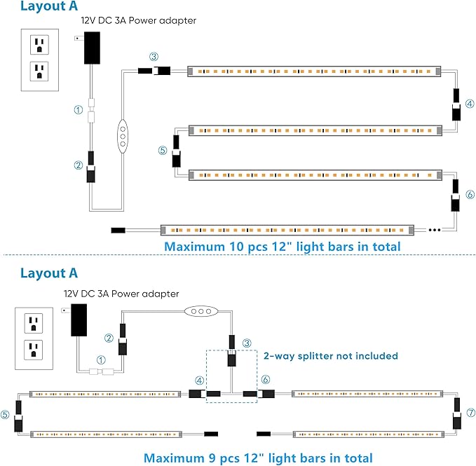 Litever Under Cabinet Lights Plug in, 6 pcs 12 Inches LED Light Strip Bars. Super Bright Dimmable Linkable for Kitchen Counter Above Cabinets Shelf Workbench Desk Closet Lighting. Daylight 5000K