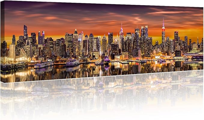 Canvas Wall Art for Living Room New York City Panorama Modern Home Decor Cityscape Sunrise View HD Printed Posters for Bedroom Office Wall Art Painting Bathroom Pictures Ready to Hang 12x46 Inch