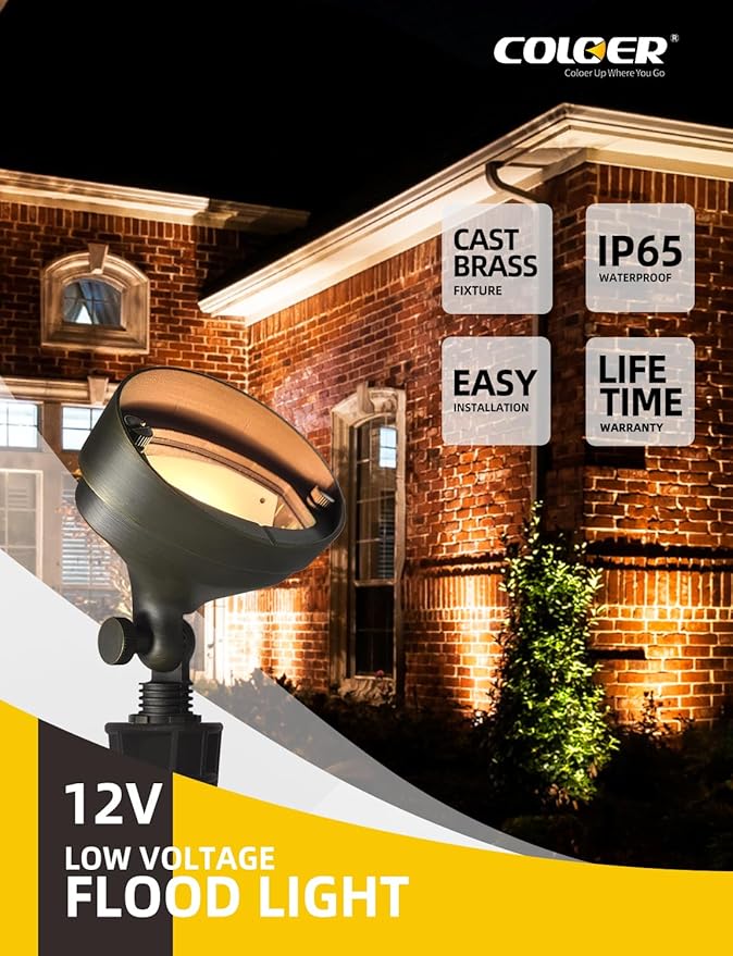 COLOER Die-cast Brass LED Landscape Flood Lights Outdoor, 2W 9-17 Volt Low Voltage Wall Wash Lighting, Outdoor Floodlight for Illuminating Signs, Walls and Plant Material(501B,1-Pack with G4 Bulb)