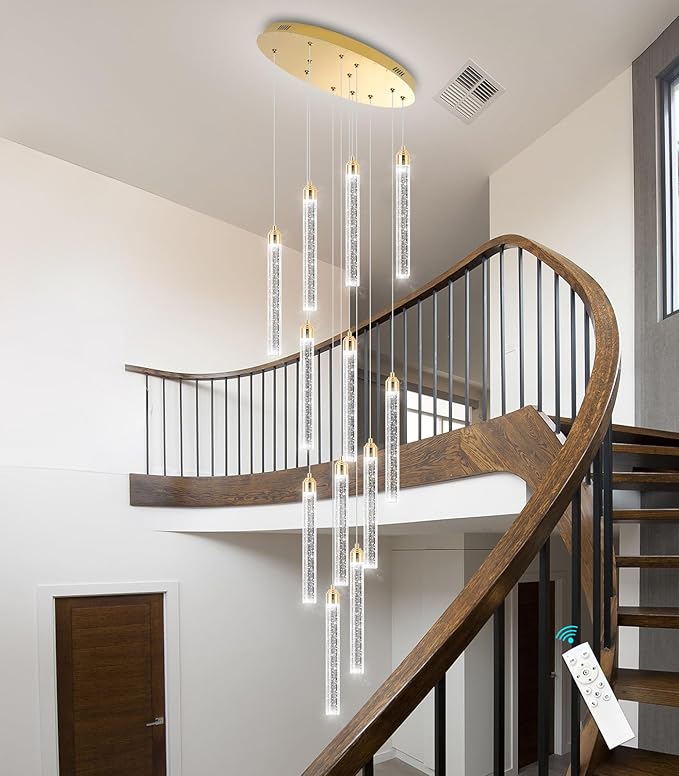 12-Lights Chandelier LED Dimmable Chandeliers for Entryway Flush Mount Ceiling Pendant Light Fixture Crystal Chandeliers for Living Room Gold Finished Lighting Modern High Ceiling Chandelier