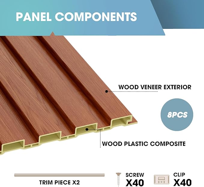 OUZUGIE WPC Acoustic Slat Wall Paneling, 8-Pack 114 x 6 Inches 3D Wall Panels for Interior Wall Decor,Living Room,TV Background,Study Room,Office Spaces,Bedroom,Low Grille (Teak)