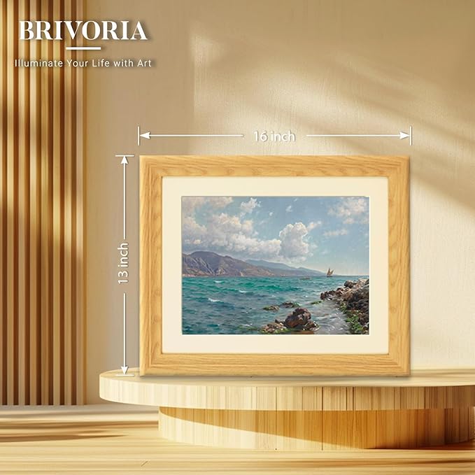 Brivoria Framed Coastal Canvas Wall Art Gallery Decor 13x16 Inch Faux Wood Frame with Mat for Bedroom Hallway or Cottage Display Gallery Nautical Print – Rocky Coast