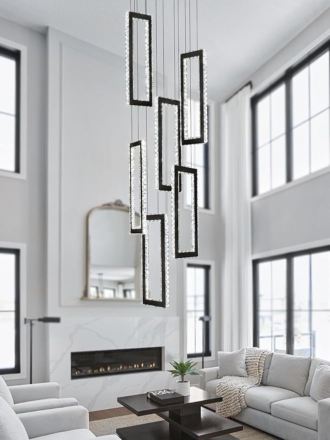 Modern Chandelier 6 Rings Black Chandeliers Lighting Fixture High Ceiling Chandelier Suitable for Living Room Staircase Villa