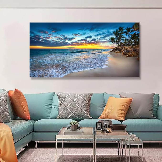 Beach Sunset Pictures Canvas Wall Art For Living Room Bedroom Wall Decor,Sunset Wall Art Print Paitnings for Home Decor,Morden Artwork Palm Coconut Tree Canvas Art Ready to Hang-28x57 Inches