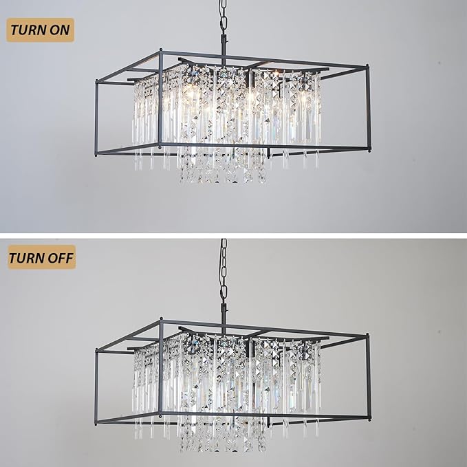 27.5 inch Modern Crystal Chandelier for Dining Room,Black Square Farmhouse Industrial Pendant 8 Lights for Kitchen Island Bar Living Room Hallway Entryway