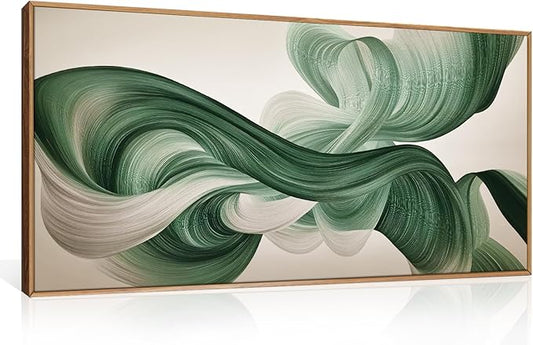 KAIRNE Green Abstract Neutral Wall Art Set, Minimalist Green Lines Wall Decor, Modern Flowing Texture Painting for Living Room, Bedroom, Office, Framed Easy to Hang 20x40 Inches
