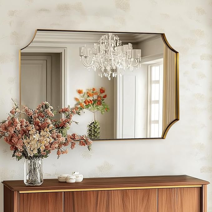 30x40 Inch Gold Scalloped Mirror, Large Bathroom Vanity Mirror with Stainless Steel Metal Frame, Anti-Rust, Shatterproof HD Glass, Unique Irregular Mirror for Bathroom, Bedroom, Living Room