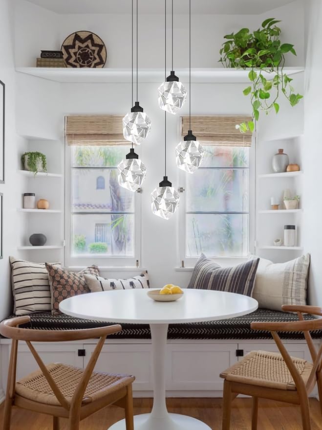 5-Light Cluster Crystal Raindrop Pendant Lights- 25W Black LED Dimmable Hanging Light Fixture Chandelier for Kitchen Island, Dining Room Living Room