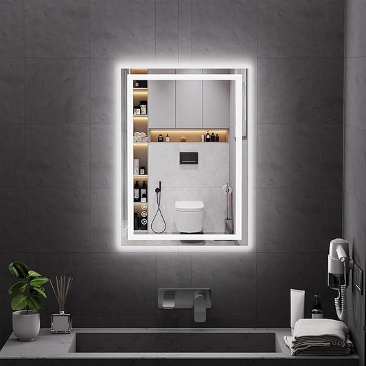 Koonmi 28"x20" LED Mirror for Bathroom, 90CRI Anti-Fog Vanity Mirror with Front and Backlight, Shatter-Proof Wall Mirror with Light, Easy Install Lighted Mirror for Modern Bathroom (IP65)