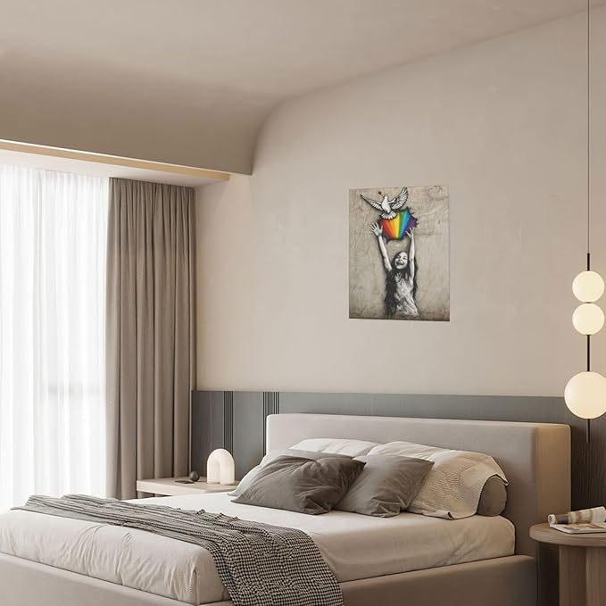 Banksy Street Graffiti Wall Art Rainbow Canvas Wall Decor Love And Peace Pictures Paintings Prints Artwork Framed Modern Decorations For Bedroom Bathroom Office Living Room Gifts 12" x 16"