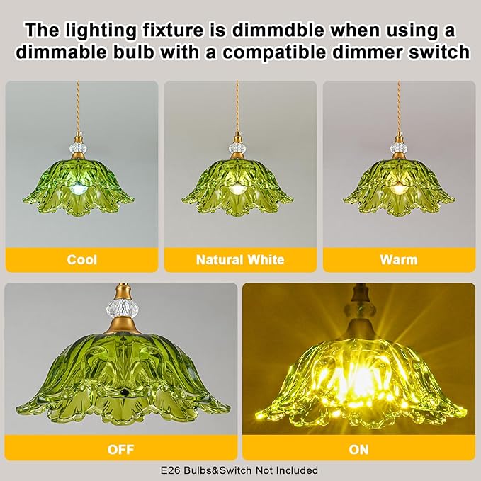 1 Piece Vintage Chandelier Light Fixtures with Green Glass Shade, Matte Antique Brass Finish Pendant Light Kitchen Island, Adjustable Hanging Light for Dining Room, Hallway, Living Room, Bedroom
