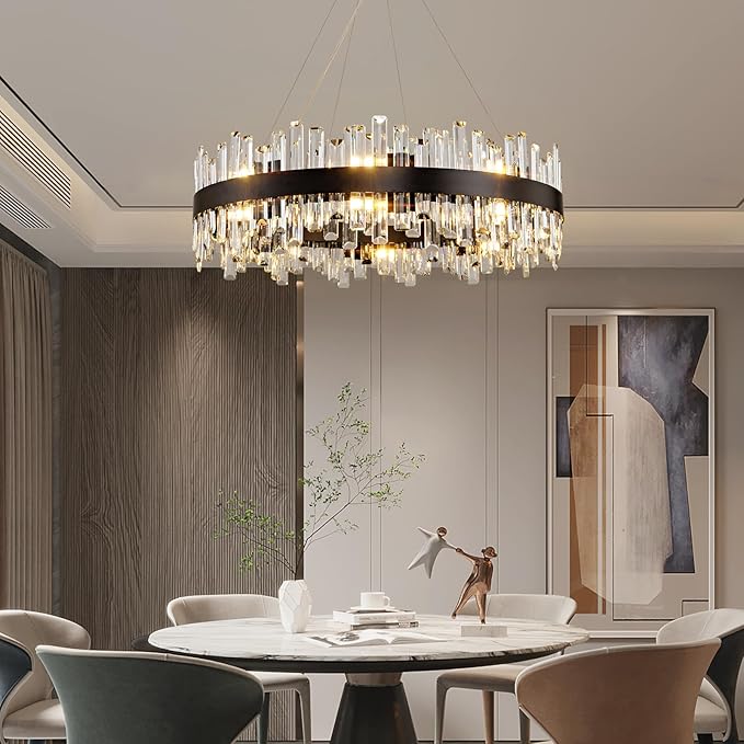 Modern Chandelier, D31.5 Round Black K9 Crystal Chandelier, Luxury Hanging Ceiling Light for Living Room, Chandeliers Pendant Light Fixture for Dining Room Hall Stairway Kitchen Bedroom