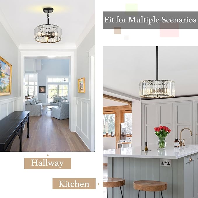 Modern Crystal Black Chandelier,11.7 inch semi Flush Mount Ceiling Dining Light Fixture with 3*E12 Base,Round Pendant Lighting for Dining Room Bedroom Hallway Bathroom Foyer Kitchen