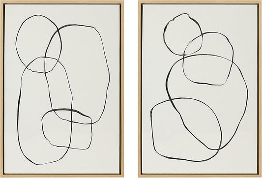 Kate and Laurel Sylvie Modern Circles and Going in Circles Framed Linen Textured Canvas Wall Art Set by Teju Reval of SnazzyHues, 2 Piece 23x33 Natural, Decorative Abstract Art Prints for Wall