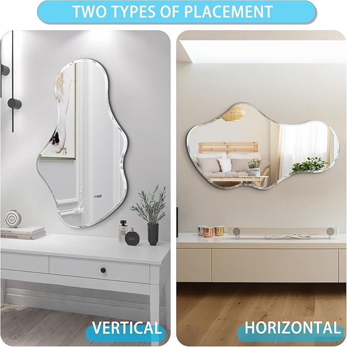 36 x 24 Inch Asymmetrical Cloud Mirror, Modern Irregular Wavy Wall Mirror, Beveled Edge Frameless Mirror for Living Room, Bathroom, Bedroom, Entryway