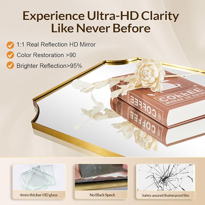 30x40 Inch Gold Scalloped Mirror, Large Bathroom Vanity Mirror with Stainless Steel Metal Frame, Anti-Rust, Shatterproof HD Glass, Unique Irregular Mirror for Bathroom, Bedroom, Living Room