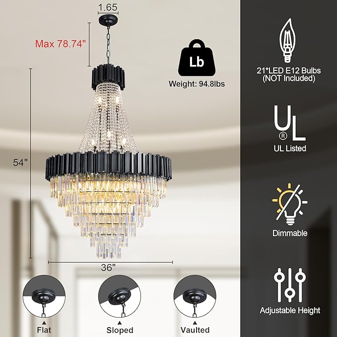 54" Long Crystal Chandelier for High Ceilings, 21-Light Modern Black Large Chandeliers for Staircase, Foyer, Entryway, Living Room, Hallway, Luxury Top K9 Crystal Tiered Ceiling Light Fixture