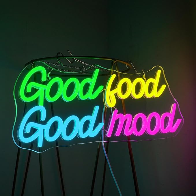 Looklight Good Food Good Mood Neon Sign Letter Neon Signs for Wall Decor Colorful Led Lights for Kitchen Fast Food Shop Cafe Restaurant Store Snack Shop Room Decorations Gifts