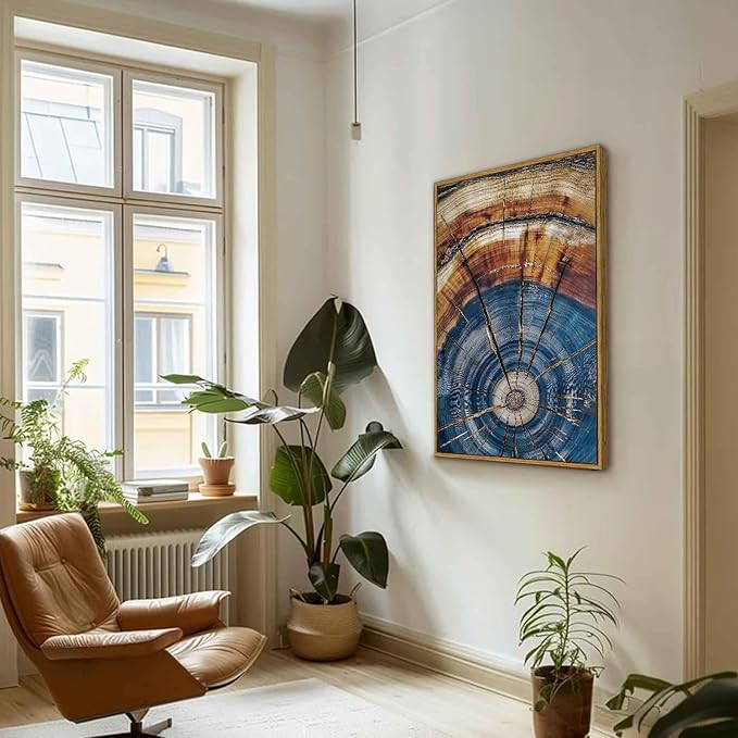 BingruiArt Large Framed Tree Ring Wall Art Wood Canvas Colorful Boho Wall Decor Rustic Artwork Abstract Painting Farmhouse Picture Nature Print for Living Room Bedroom Bathroom 24"x36" Natural Framed(02)