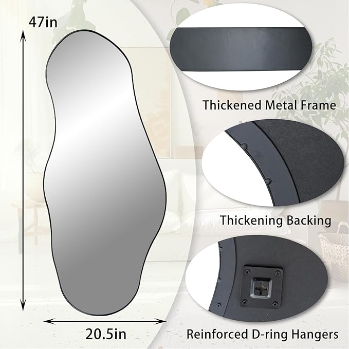 Black Irregular Mirror, 47"x20.5" Asymmetrical Mirrors, Abstract Wall Mirror Decorative, Modern Wavy Shaped Mirrors for Living Room Bathroom Bedroom Hallway Entryway Fireplace