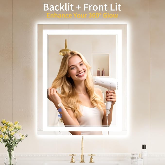 24"x30" LED Bathroom Mirror with Lights, Anti-Fog, Backlit + Front Lit, Dimmable, Led Vanity Mirror for Wall, Lighted Bathroom Mirror, 3 Colors, Shatter-Proof Tempered Glass