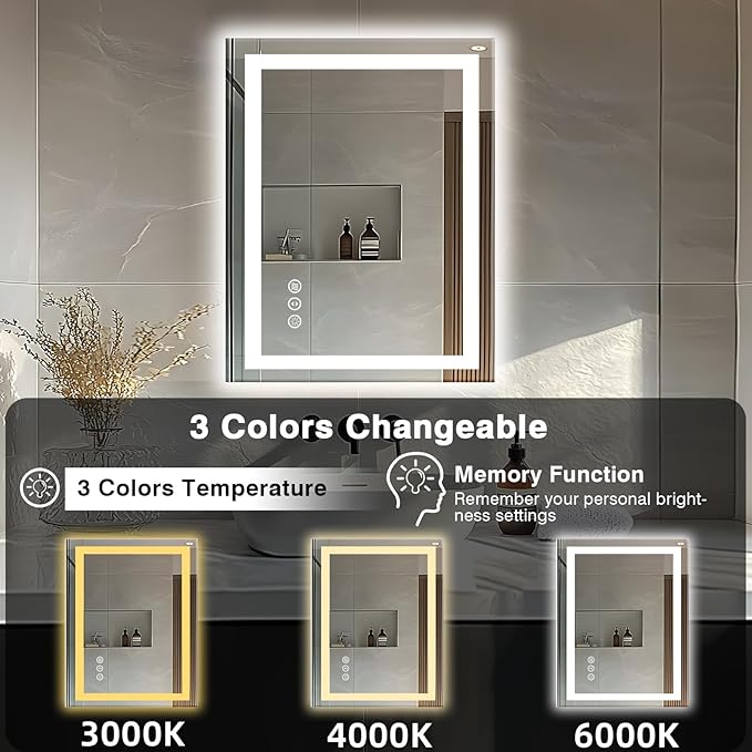 24"x32" LED Bathroom Mirror - Front & Backlit, Anti-Fog Vanity Mirror with Dimmable Lights, 3 Colors Smart Mirror (Horizontal/Vertical)