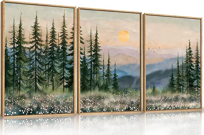 Boho Sunset Forest Framed Canvas Wall Art Set,Colorful Nature Landscape Green Pine Tree Wall Decor, Modern Watercolor Mountain Artwork for Living Room,Bedroom,Office-16 x24 x3