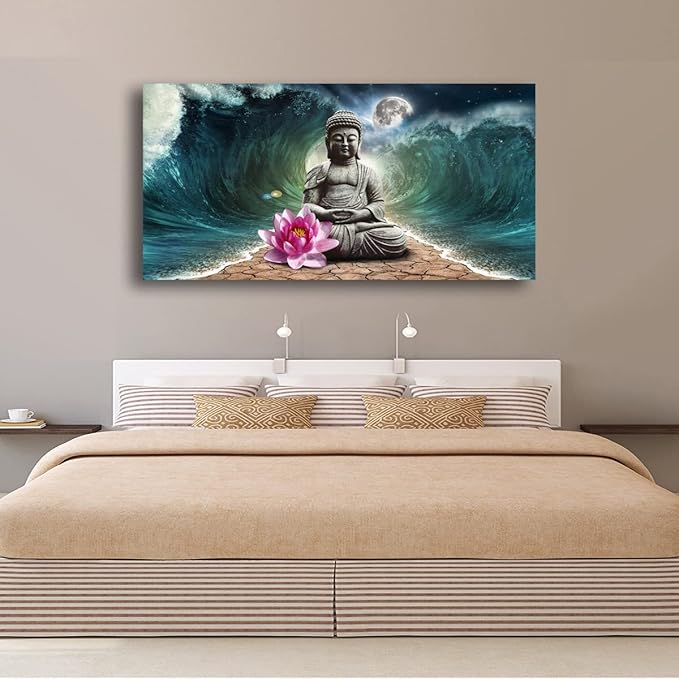 Canvas Wall Art Buddha Pictures Home Decor Grey Zen in The Background of Moon and Waves Poster Prints Painting for Living Room Bedroom Bathroom Kitchen Office Decoration Hindu Artwork 20x40 Inches