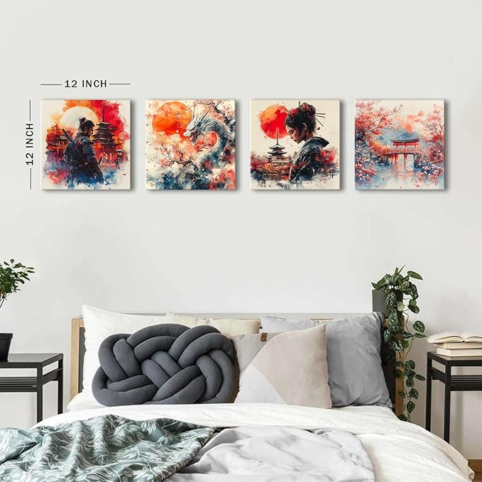 Japanese Wall Art Vintage Abstract Warrior Armored Geisha Canvas Pictures for Living Room Nature Landscape Oriental Posters Asian Dragon Japan Wall Decor Bedroom Office Home Decorations 12x12" 4 Pcs