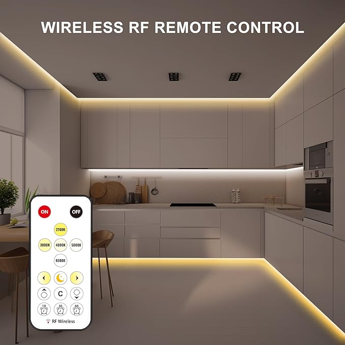 16.4ft Tunable White COB Led Strip Light with RF Remote, CRI93+ Dimmable CCT 2700K-6500K Led Tape Lights, Adhesive High Density Led COB Light Strip for Bedroom, Kitchen, Cabinet