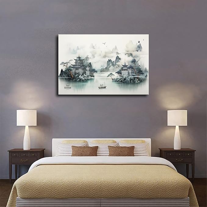 Oriental Inspired Traditional Chinese Landscape Painting Poster Canvas Wall Art Picture Print Modern Home Bedroom with Frameless Decor (Framed,12×18inch)