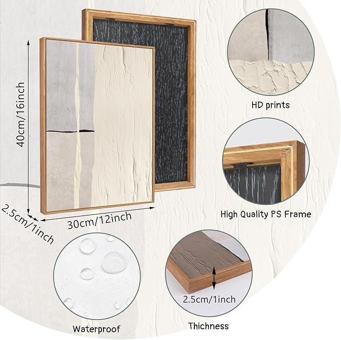 LHIUEM Abstract Neutral Framed Canvas Wall Art Set of 3(12”X16”) Mid Century Beige Textured Wall Decor Brown Wall Art Wood Framed Photography Gray Pictures Above Couch for Living Room Bedroom Office