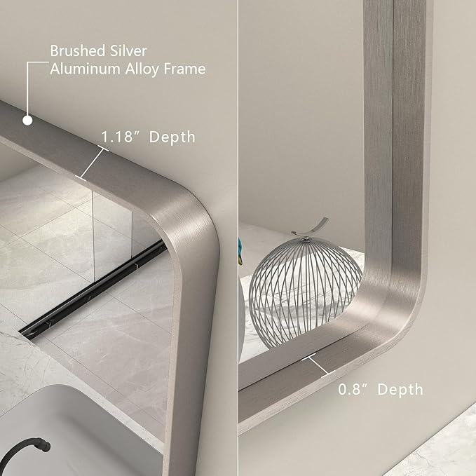 60x28 Matte Bathroom Mirror for Wall, Silver Brushed Framed Bathroom Vanity Mirror, Rectangle Bathroom Nickel Mirror, Rounded Corners, Tempered Glass(Horizontal/Vertical)