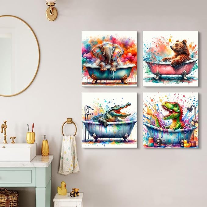 Kids Bathroom Wall Decor Cartoon Colorful Elephant Dinosaur Wall Art Funny Nursery Animals in Bathtub Picture Canvas Watercolor Bear Crocodile Artwork for Bedroom Bath Toilet Home Decoration 12x12" 4P