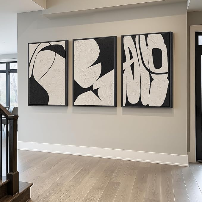 Large Framed Neutral Abstract Wall Art for Living Room, 3 Piece Black and Beige Modern Canvas Prints Paintings Artwork for Walls, Minimalist Abstract Pictures for Hallway, Office Wall Decor 24x36 In