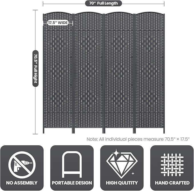 4 Panel Room Divider,6Ft Folding Privacy Screen,Tall - Extra Wide Foldable Panel Partition Wall Divider with Diamond Double-Weaved Hand-Woven Design Room Screen Divider