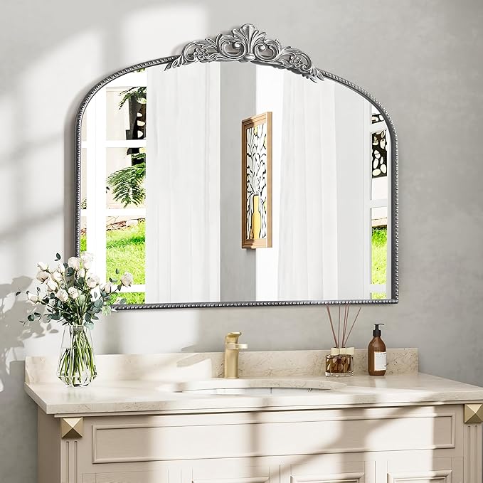 Micasso Antique Wall Silver Mirror: 40" x 30" French Baroque Vintage Mirror - Traditional Ornate Decorative Arched Mirrors for Wall/Bathroom/Entryway/Fireplace/Hallway - Home Decor for Living Room