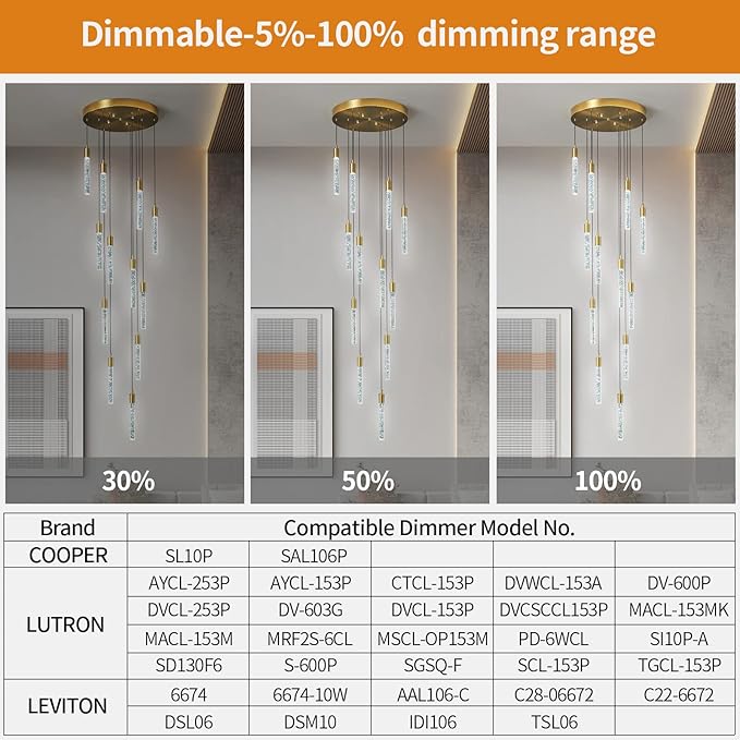 12-Light Modern Living Room Chandelier Gold Brass Finish Crystal Ceiling Pendant Lights LED Dimmable 72W 6000K Staircase Large Chandeliers for Entryway Lobby Foyer High Ceiling Chandeliers