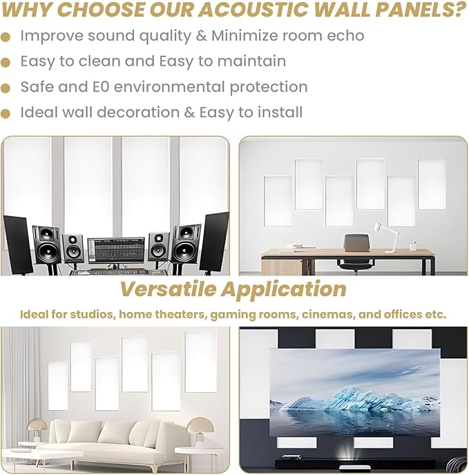 6 PCS Acoustic Panels, Large Soundproof Wall Panels, Professional Fiberglass Sound Absorbing Panels, 23.6x11.8 Inches Sound Proof Foam Panels for Walls, Studio Home Offices (White)