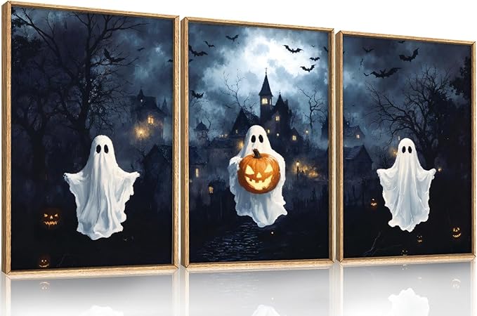 Large Spooky Halloween Framed Canvas Wall Art,Funny Ghost and Pumpkin Wall Decor,Eerie Night Castle Scene Artwork,Dark Bat and Full Moon Art Print for Living Room,Bedroom,Office- 24"x36"x3