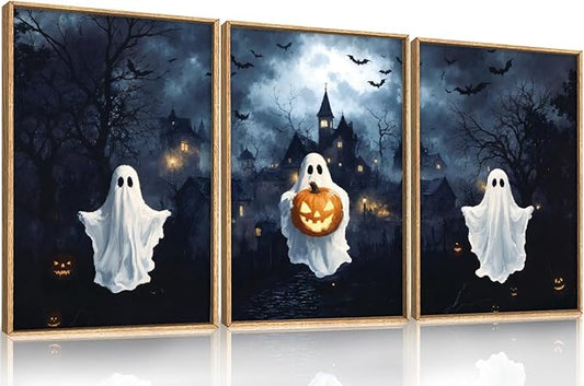 Large Spooky Halloween Framed Canvas Wall Art,Funny Ghost and Pumpkin Wall Decor,Eerie Night Castle Scene Artwork,Dark Bat and Full Moon Art Print for Living Room,Bedroom,Office- 24"x36"x3